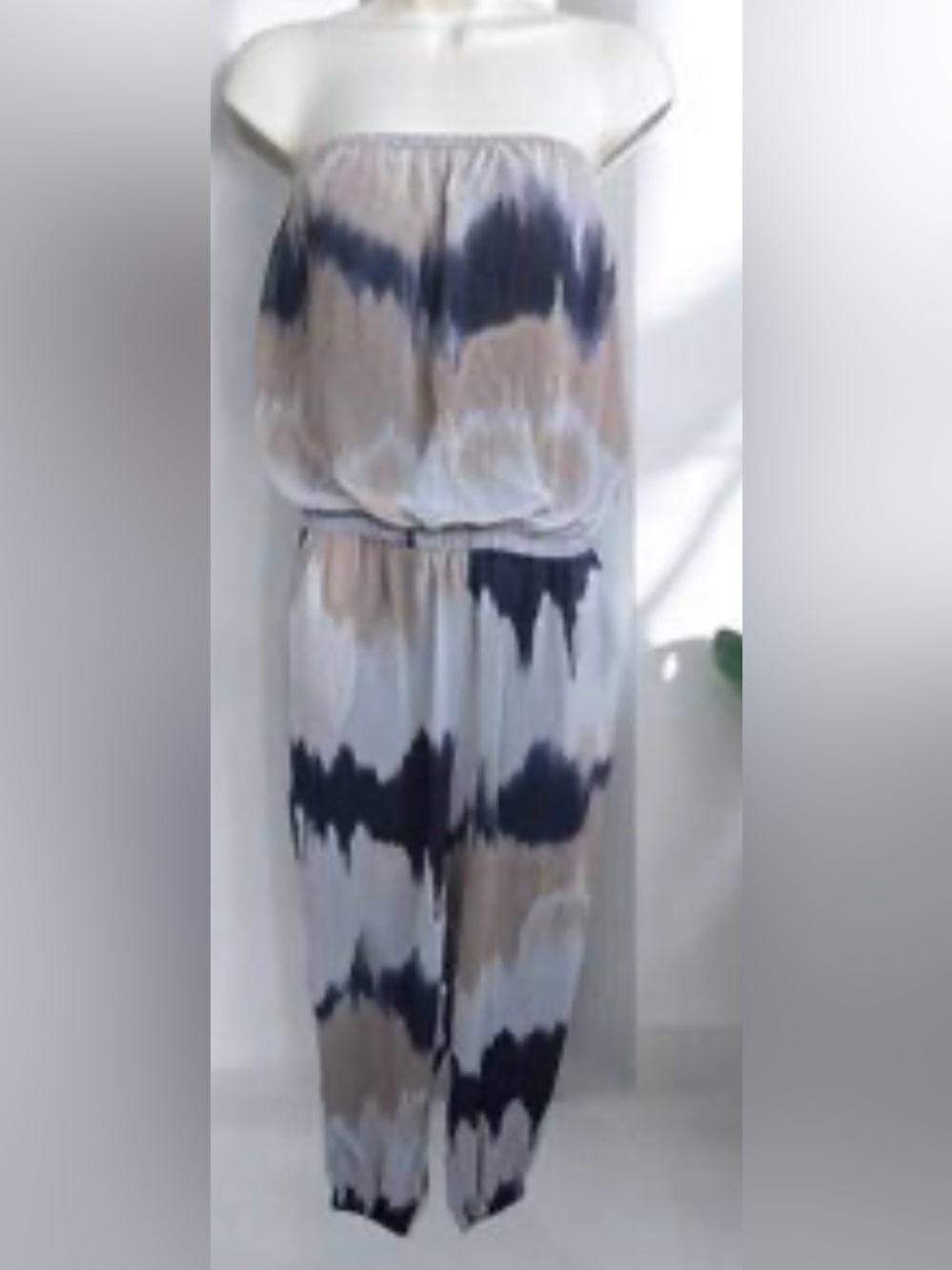 New York & Company Strapless Tie-Dye Jumpsuit in Beige, Navy & White